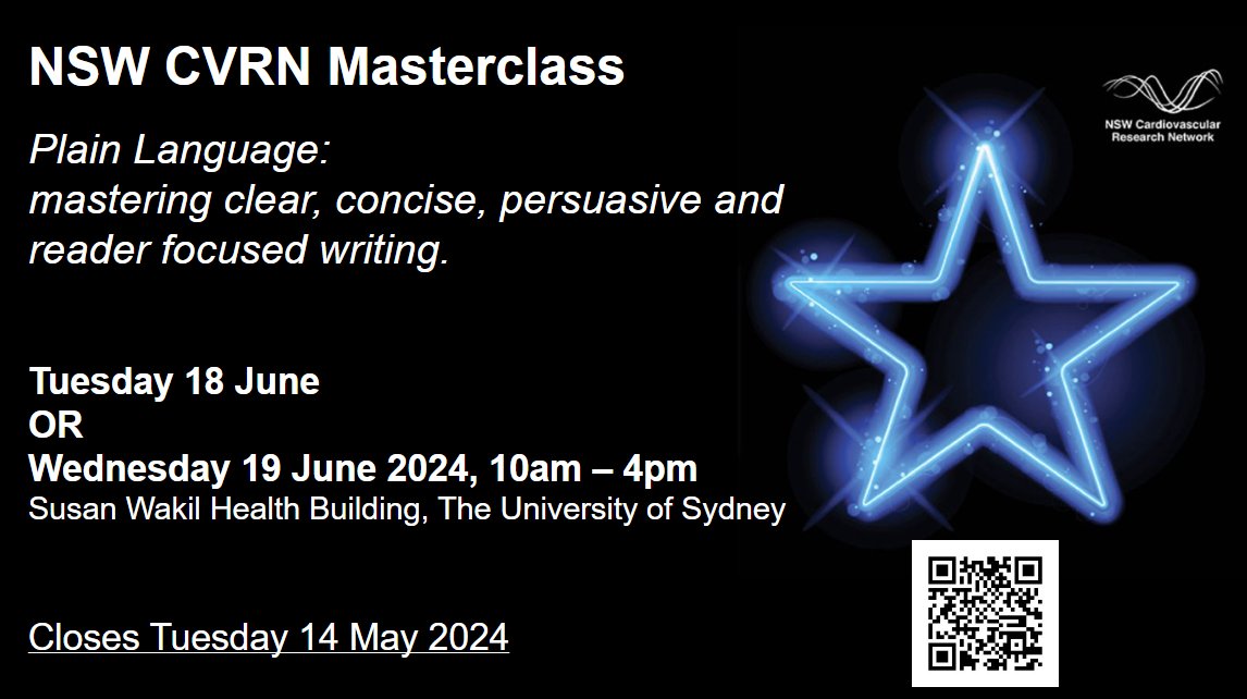 REGISTER NOW for @NSWCVRN EMCR Masterclass on plain language writing. This is a great opportunity to develop new skills in this higly interactive end engaging setting. Submit your EOI now heartfoundation.tfaforms.net/192