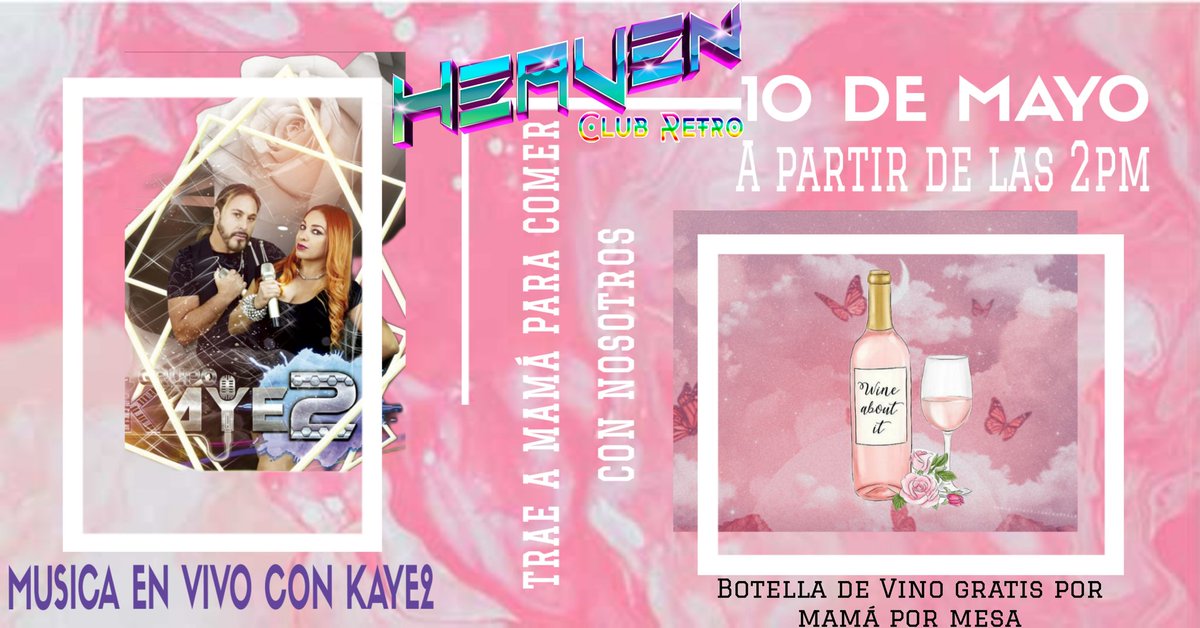 HeavenClubRetro's tweet photo. Festejemos a Mamá! Ven a comer con nosotros 🥂 Tendremos música en vivo con KAYE2 3 a 5pm.
Regalitos para mamá, incluye una botella de vino, blanco, rosado o tinto por mesa🍾
A partir de las 10hrs Brunch, posterior a las 2 pm comida. Reserven al 4432371225 #diadelasmadres #heaven https://t.co/9qmut37bZv
