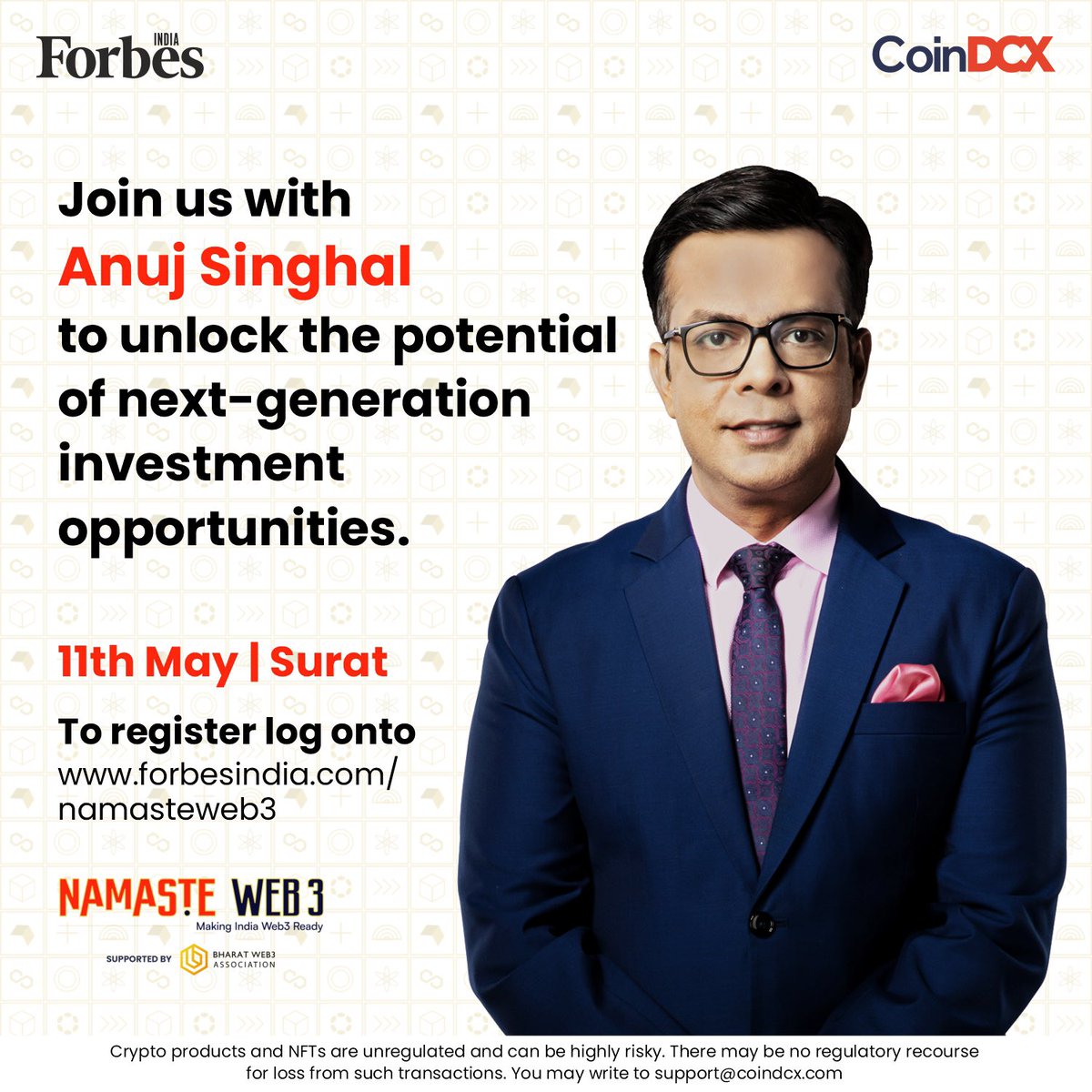 #Partnered | Join @_anujsinghal, and learn to chart your financial future. Discover pioneering strategies for wealth creation and unlock the potential of next-gen investments in Surat on 11th May, 2024. Join us for an enlightening session at #NamasteWeb3 with @ForbesIndia and…