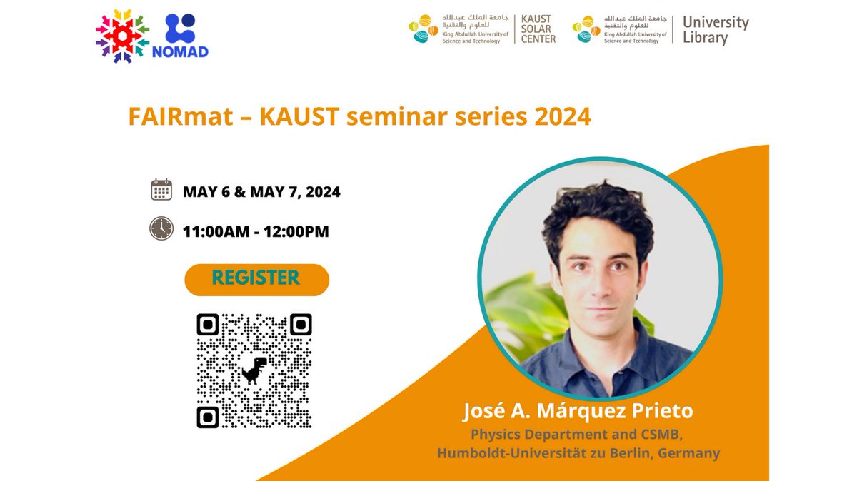 TODAY! Don’t miss out the FAIRmat – KAUST seminar series For more information: pse.kaust.link/MR3K Time: 11:00am – 12:00pm Venue: Online webinar Registration: kaust.libcal.com/event/12367363