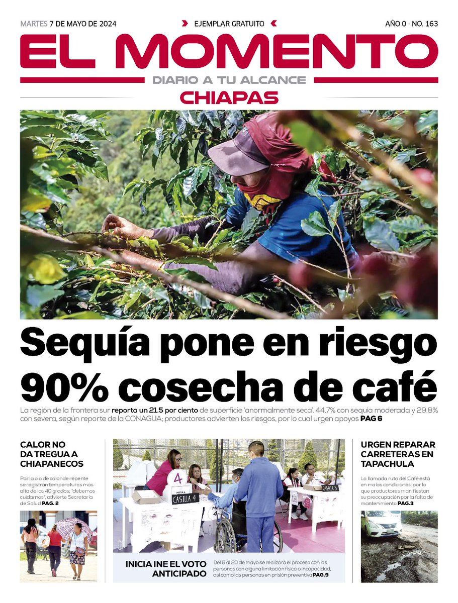 🗞️📰Martes #EnPortada de #ElMomentoChiapas: Sequía pone en riesgo 90% cosecha de café 👉 acortar.link/PeAxGz 

@conagua_mx @ConaguaChiapas @SEMARNAT_mx @ChiapasGobierno