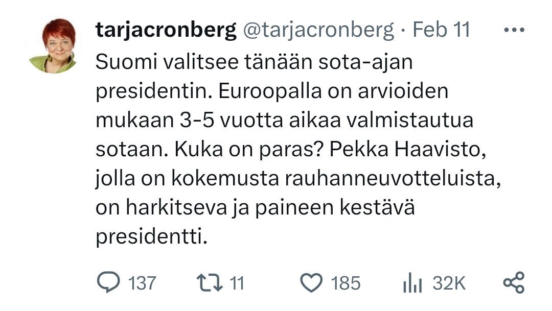 Tarja Cronberg ei millään tavalla mukana Vihreiden toiminnassa?
@vihreat 
😂😂