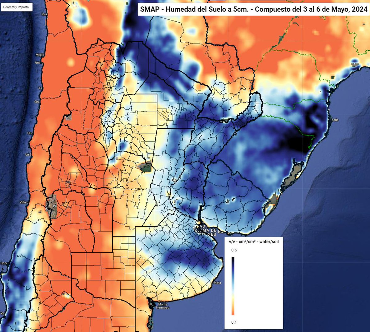 Humedad del Suelo, compuesto del 3 al 6 de Mayo 2024. - Misión SMAP (Soil Moisture Active Pasive) #NASA , Resolución espacial de 9 Km. Profundidad: 2 pulgadas. 'cama de siembra'. #EarthEngine #SurfaceSoilMoisture #agriculture #remotesensing #agritech 🌾 📷