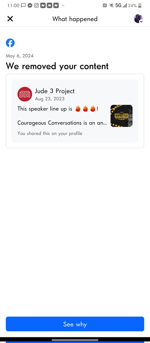 It seems Facebook is removing everyone's @jude3project reposts. Just had a friend as me why her post were removed. Then I got one from Facebook...is Favebook AI hating on the Courageous Conversation conference?