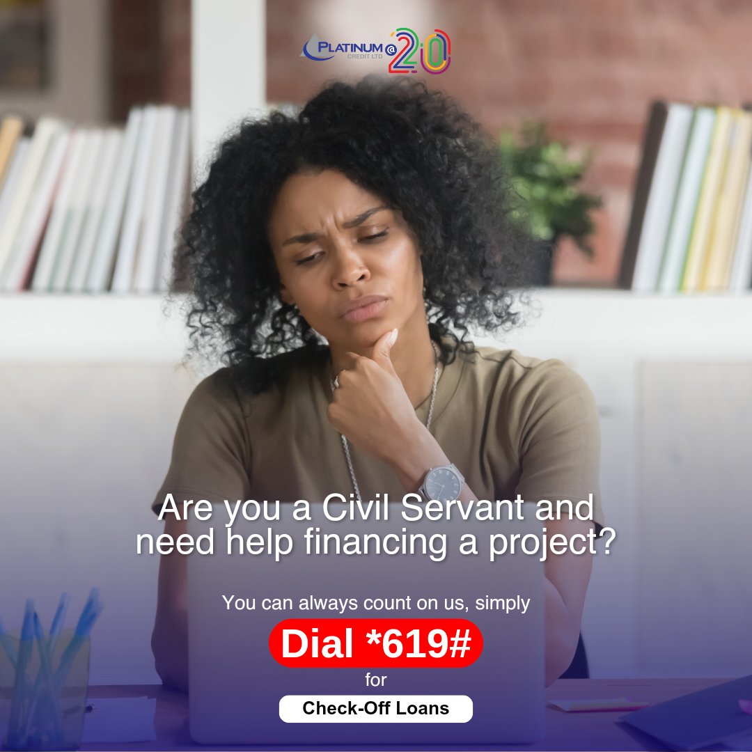 Are you a civil servant and have a project you need help financing? You can do more with our Check-Off loans in just 24 hours!  To apply today, dial *619#, call us at 0709 900 000 / 0730 900 000 or visit platinumcredit.co.ke/civil-servant-…

#PlatinumAt20 #WezeshaNaPlatinum #checkoffloan