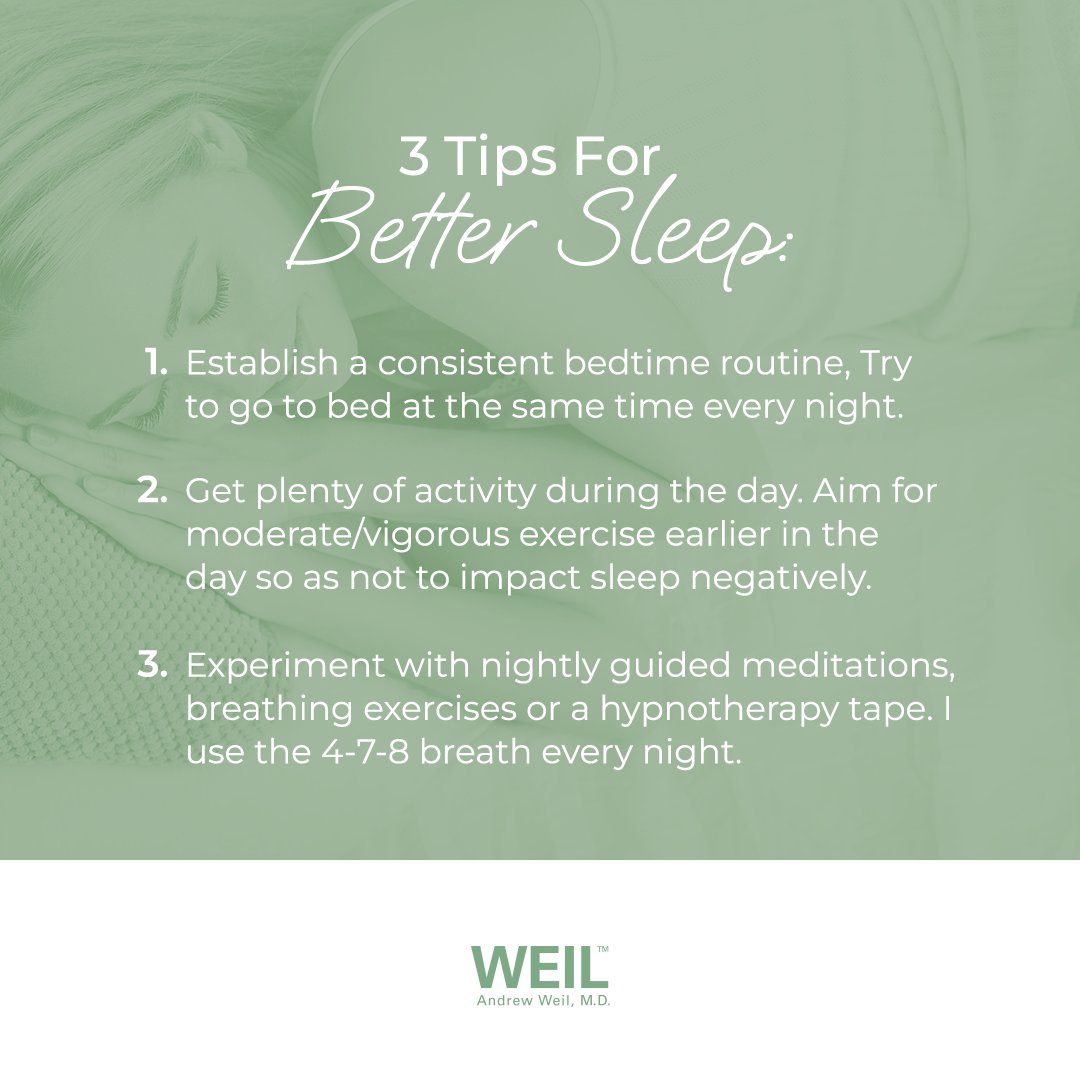 Struggling to sleep? Try creating a relaxing bedtime routine, make sure you are getting enough activity during the day, and experiment with the 4-7-8 breathing for a better night's sleep. 😴 More tips her or at link in bio: drweil.com/health-wellnes…