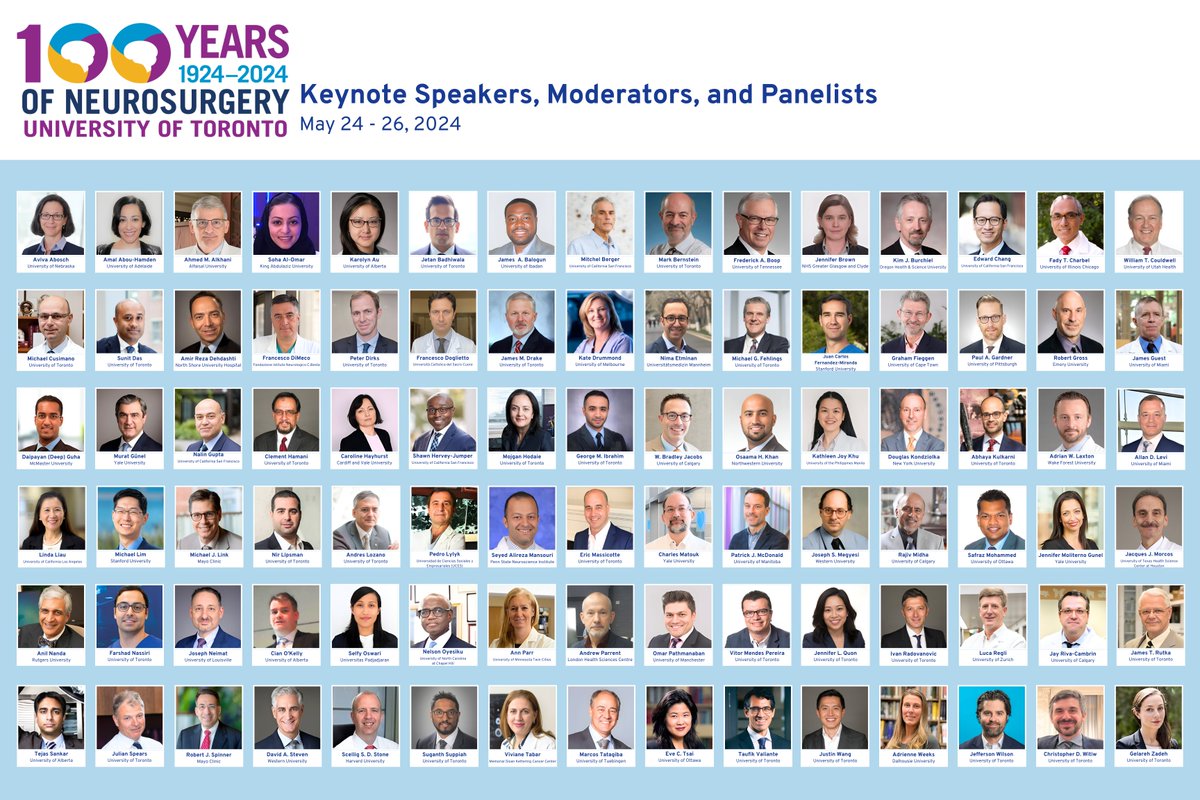 Excited to hear the allstar line-up of speakers for the 100th anniversary @UofTNeuroSurge @UofTSurgery @UofT Subspecialty symposiums Lively panel discussion Abstract presentations & more. #grateful and #honoured to have you join us! May 24-26 2024