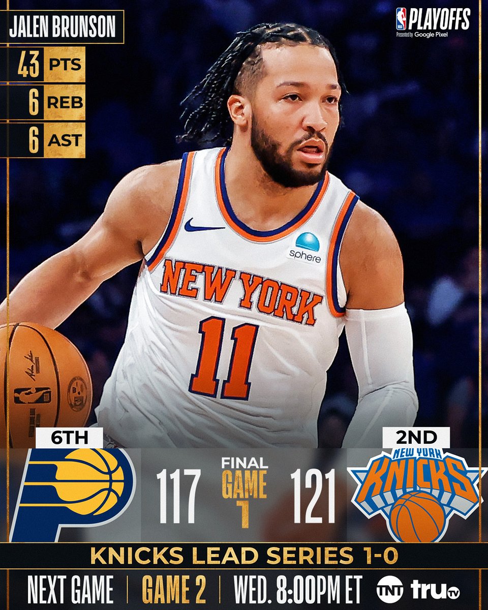 🏆 MONDAY'S FINAL SCORES 🏆 Jalen Brunson becomes the first player EVER with 40+ PTS and 5+ AST in 4 straight playoff games as the @nyknicks win a Game 1 thriller! Game 2 is Wednesday at 8pm/et on TNT. Josh Hart: 24 PTS, 13 REB, 8 AST, 3 STL Donte DiVincenzo: 25 PTS, 2 BLK