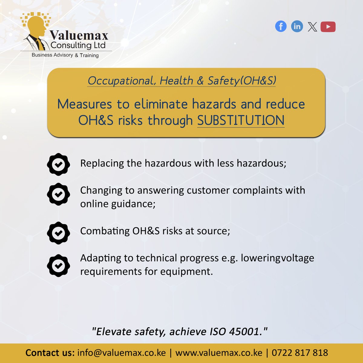 ISO 45001 guides organizations on various measures to eliminate hazards and reduce OH&S risks. One of them is through substitution. Have a look.

#ISO45001 #HealthSafety #OccupationalSafety #WorkSafety #Tuesday #Valuemax #ISOStandards