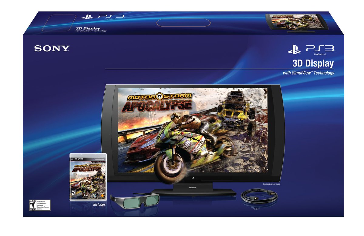 The Sony HD 3D TV with PlayStation 3D Glasses, MotorStorm: Apocalypse, and an HDMI cable. SimulView technology let you have full HD screen visuals to each player in two-player mode!