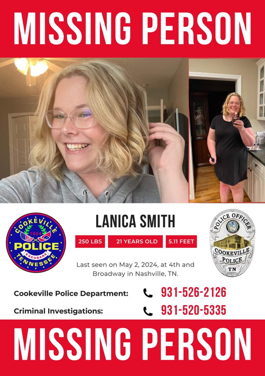 CrimeNJusticeYT's tweet photo. #Missing Lanica Smith, 21, last seen May 2, 2024 in #NashvilleTN at 24th and Broadway.
#MissingTennessee #BOLO #Repost https://t.co/U5z2HVtYnj