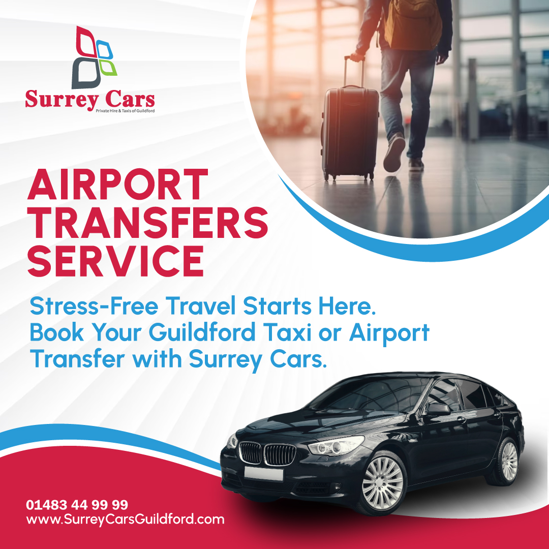 Guildford, Woking, Godalming and all surrounding areas covered. Open 24 Hours Book your Airport Transfer now on 01483 44 99 99.