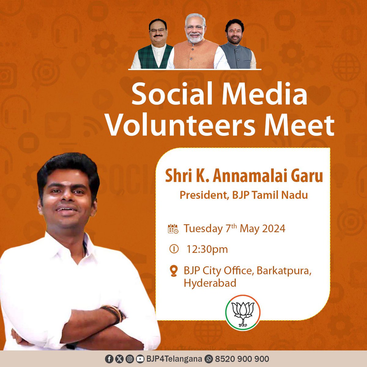 We are delighted to announce that Singham Shri @annamalai_k, President of @BJP4TamilNadu, will be engaging with Social Media Volunteers and Influencers today, May 7th, 2024.

📍 : BJP City Office, Barkatpura
🕧 : 12:30 pm

Join us for an insightful interaction!