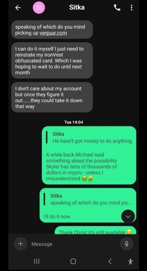 Here, Venj complains and plays victim to something she asked her own friend to do. She tries to claim we are doing something when she knows all too well who owns the name because she asked them to buy it. Another example of how disingenuous these people are.