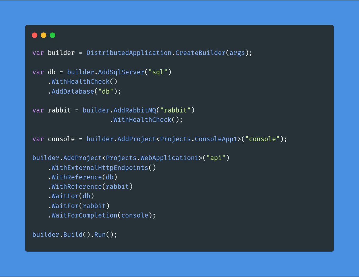 .NET Aspire is extensible, here's an example of building support for waiting on dependencies to be 'ready' in during local dev: github.com/davidfowl/Wait… We're hoping to see the ecosystem building really cool things we didn't envision 😍. #dotnet #aspire