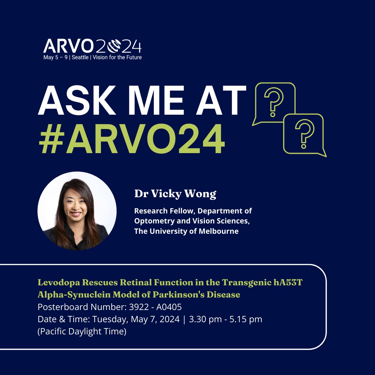 Today at #ARVO2024. Don't miss presentations by DOVS colleagues @alexisceecee and @DrVHYW at posterboards A0352 and A0405. We look forward to seeing you there!