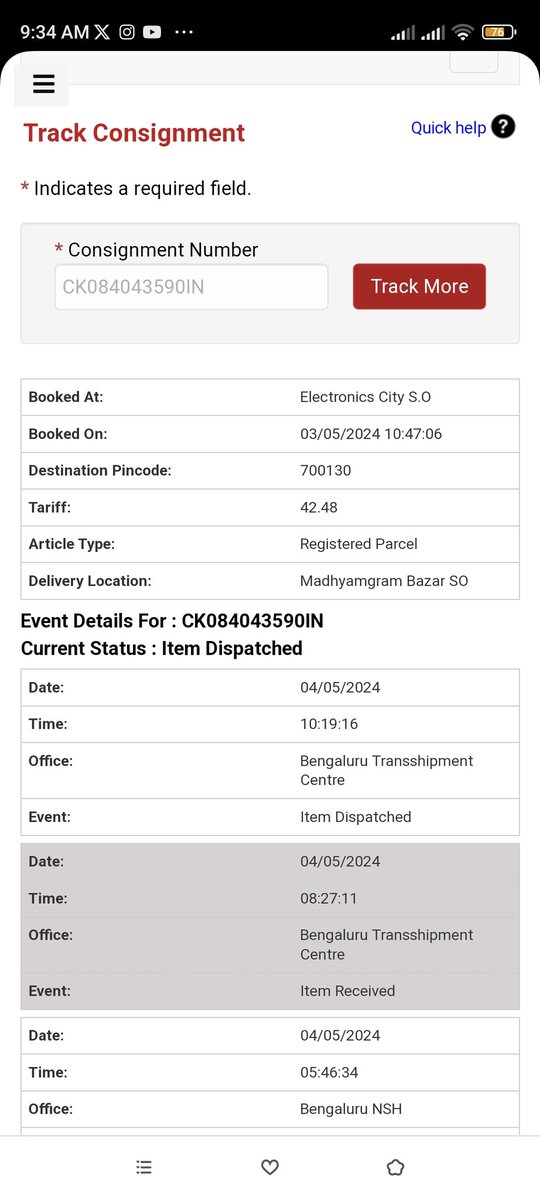 wonniefluffy_'s tweet photo. My parcel with consignment number CK084043590IN stopped giving updates after 4th May, @IndiaPostOffice please update me, i want to know my parcels exact location!!! https://t.co/DVeCF5bYUA