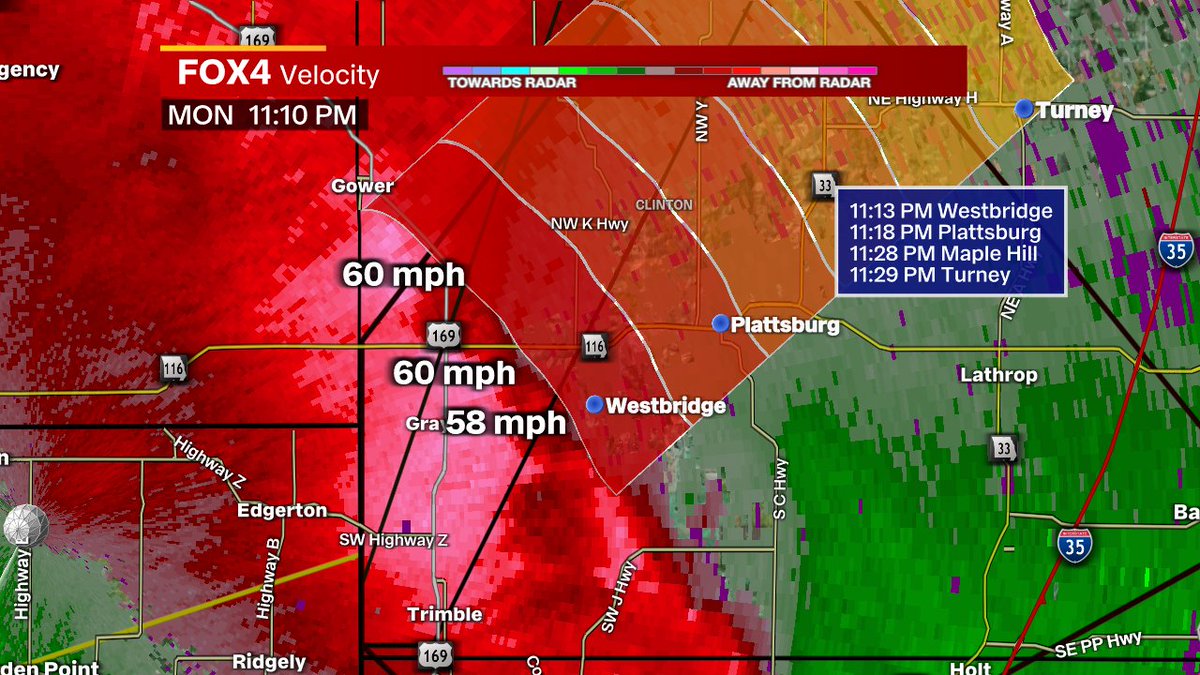 11:15 PM - Damaging 60-70 MPH winds in Clinton County MO as the rotation has turned into more of a straight line wind threat. Tracking on @fox4kc #KCwx #MOwx
