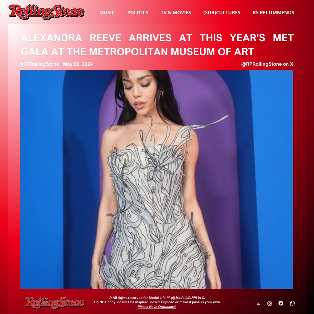 𝗥𝗼𝗹𝗹𝗶𝗻𝗴 𝗦𝘁𝗼𝗻𝗲𝘀 ᴿᴾ •  Pop culture!
Cover • 𝗘͟𝘃͟𝗲͟𝗻͟𝘁͟ • Update • More

﹝  🗞️  ﹞ —— 𝗥𝗲𝗮𝗱 𝗺𝗼𝗿𝗲: 𝗔𝗹𝗲𝘅𝗮𝗻𝗱𝗿𝗮 𝗥𝗲𝗲𝘃𝗲 (<a href="/bosqueaterrador/">Alexandra;</a>) attends to #TheMetGala24RP at the Metropolitan Museum of Arts. © #RPRollingStone