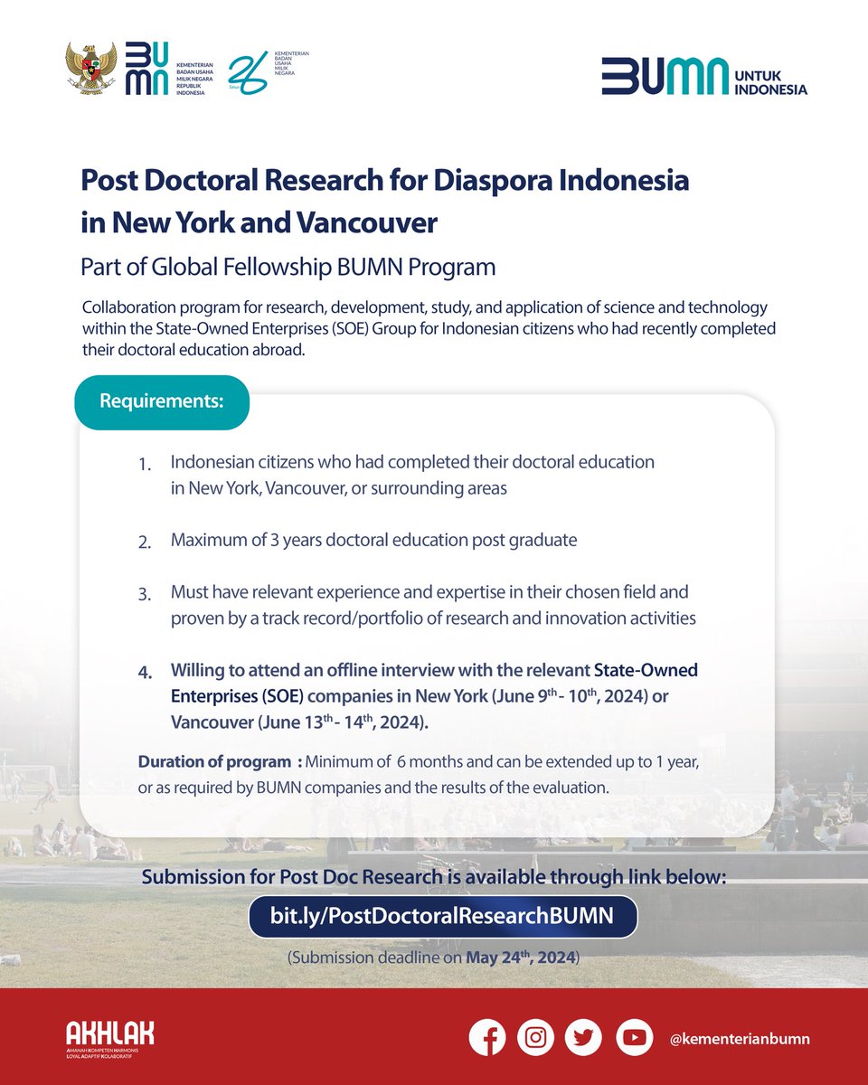 Let's meet, connect, and create amazing memories together. We can't wait to see you there! 

#BaktiDiasporaUntukIndonesia #BUMNGoesToNewYork #BUMNGoesToVancouver #CareerFair #BUMNForIndonesia
#26YearsSOEMinistry🇮🇩