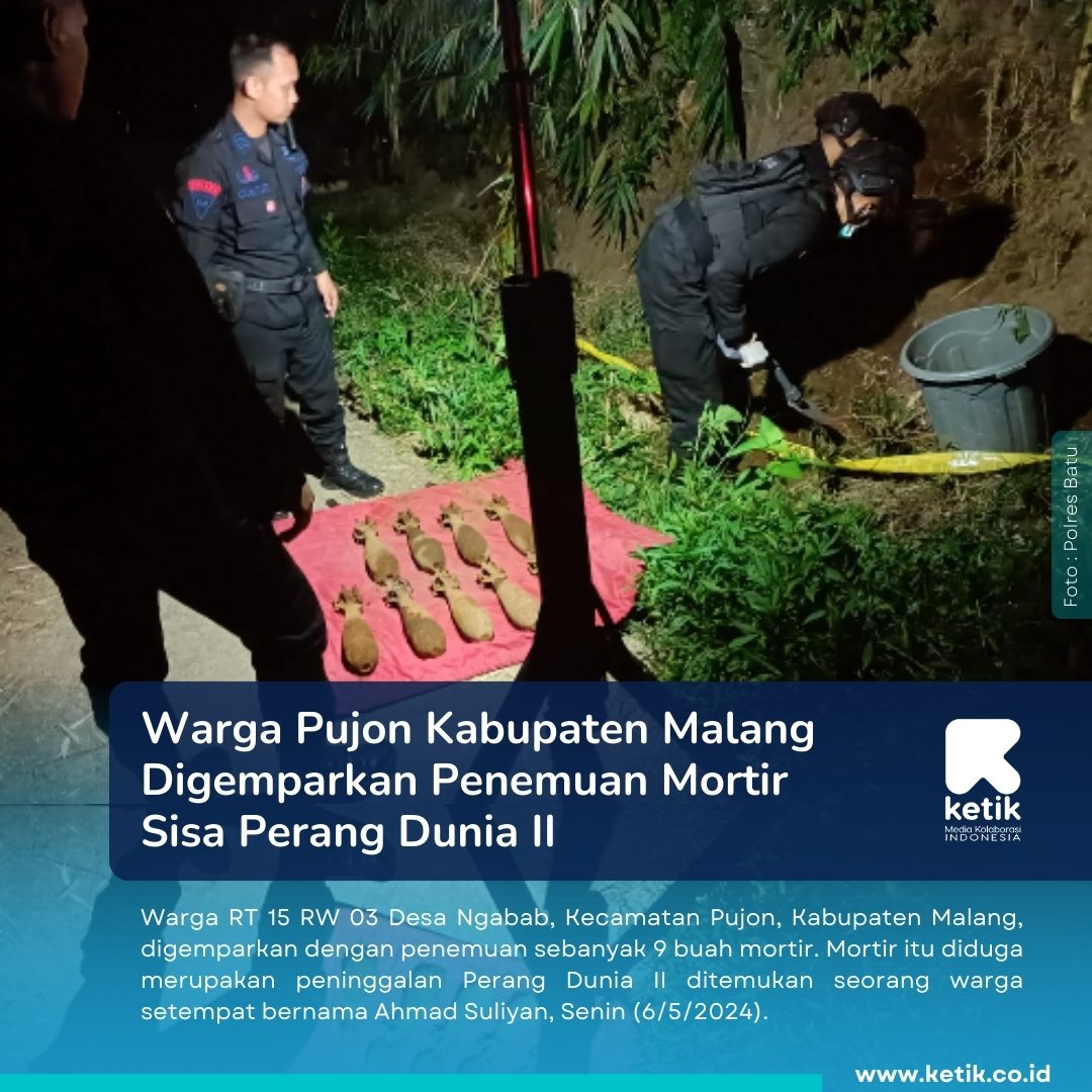 Warga Pujon Kabupaten Malang Digemparkan Penemuan Mortir Sisa Perang Dunia II

Sumber: Ketik.co.id | Media Kolaborasi Indonesia. 
ketik.co.id/berita/warga-p…

#KabupatenMalang #PolresBatu #Mortir #penemuanmortir #perangduniaII #ketik #ketikmedia