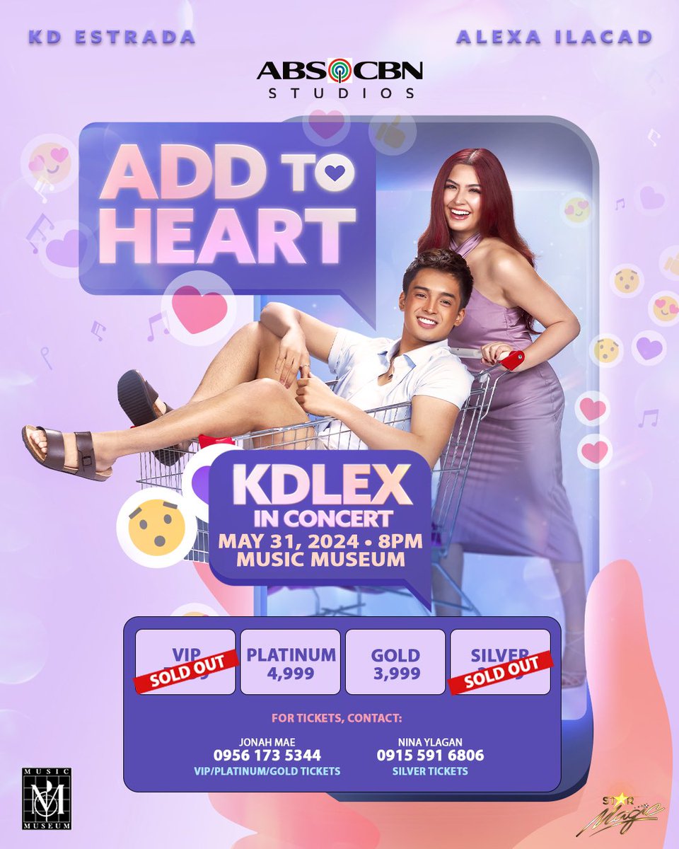 Get your tickets while they last! 🎫 Have a memorable night with KD Estrada and Alexa Ilacad, “Add To Heart: KDLex in Concert”. 💕🛒 See you on May 31, 2024, 8PM at the Music Museum. For more details contact, JONAH MAE 09561735344 VIP/PLATINUM TICKETS/GOLD #KDLexAddToHeart