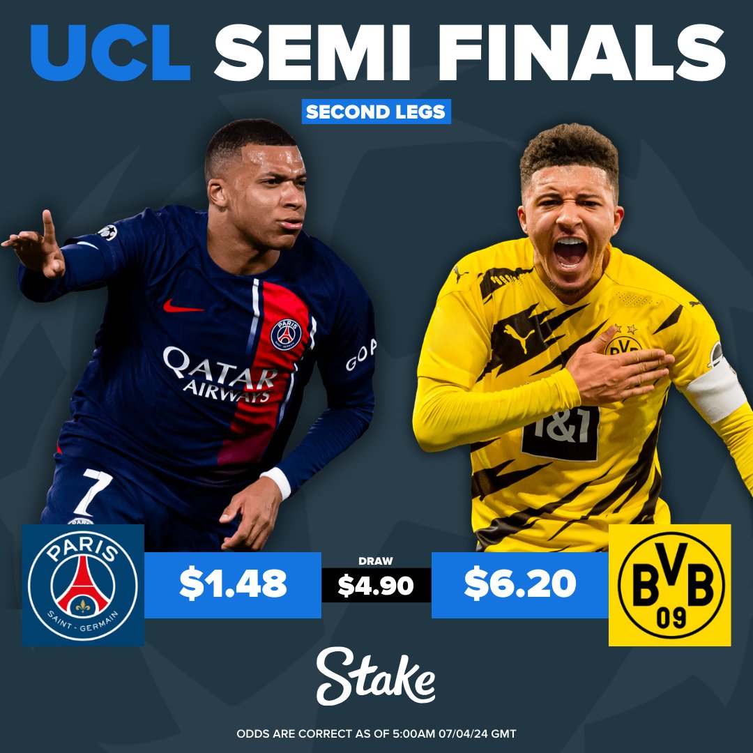 The Parc des Princes is playing host to a monster #UCL semi-final between PSG & Dortmund 🔥 Tell us which team you think will the final and we'll select 3 correct answers to win $100 each 🤑 Check out our markets here 👉 bit.ly/3JPx6yV *Available to .com users only