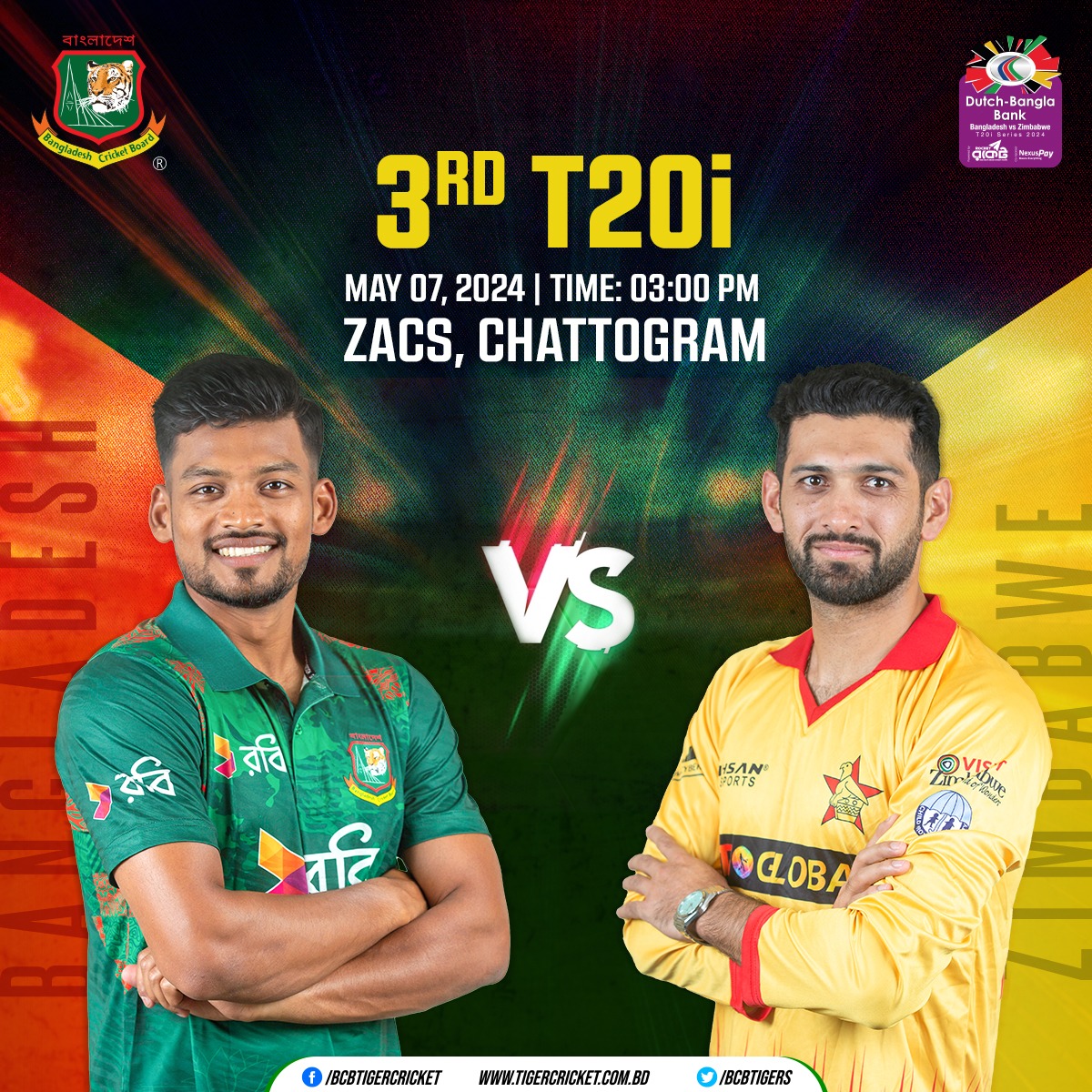 Dutch-Bangla Bank Bangladesh vs Zimbabwe T20i Series 2024🏏

3rd T20i | May 07, 2024 | 3:00 pm | ZACS, Chattogram

Details👉: tigercricket.com.bd/live-score/zim…

#BANvZIM #BCB #Cricket #BDCricket #livecricket #Bangladesh