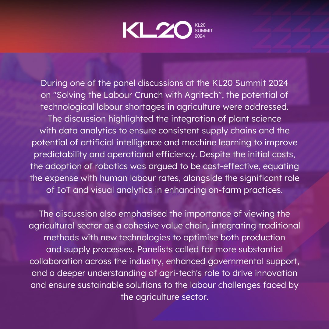 The innovative panel discussion from KL20 Summit 2024 titled ‘Solving the Labour Crunch with Agritech', left viewers inspired. This session covered the ways of Agritech’s transformation in agriculture by addressing labour shortages and boosting efficiency throughout the value