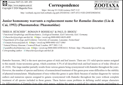 Junior homonomy warrants a replacement name for Ramulus lineatus (Liu & Cai, 1992) (#Phasmatodea: Phasmatidae) mapress.com/zt/article/vie… #Taxonomy