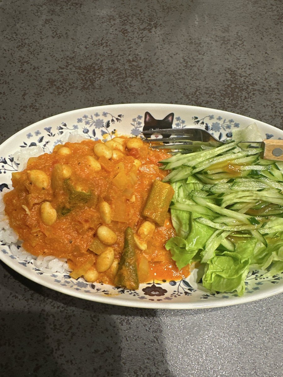 世界頂グルメの影響でスパイス使う料理を食べたくて自分流で作った！盛付けは適当w

玉ねぎ、セロリ、にんにくのみじん切り、人参すりおろしをバターとクミンやターメリックなどのスパイスで炒めてトマト缶と水とコンソメと豆を入れて煮込む。仕上げに牛乳とピーナッツバター、オクラを入れて煮込む。