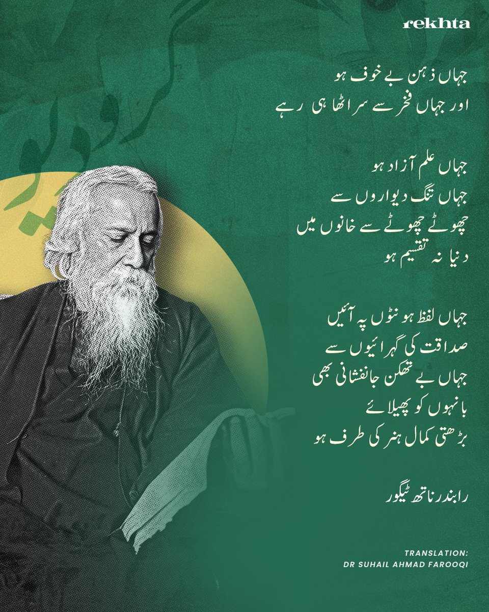 Remembering Rabindranath Tagore, a polymath, a poet, writer, playwright, composer, philosopher, social reformer, and painter, on his birth anniversary  Here’s an Urdu translation of an excerpt from his ‘Where mind is free...’ poem. Translation: Dr Suhail Ahmad Farooqi…