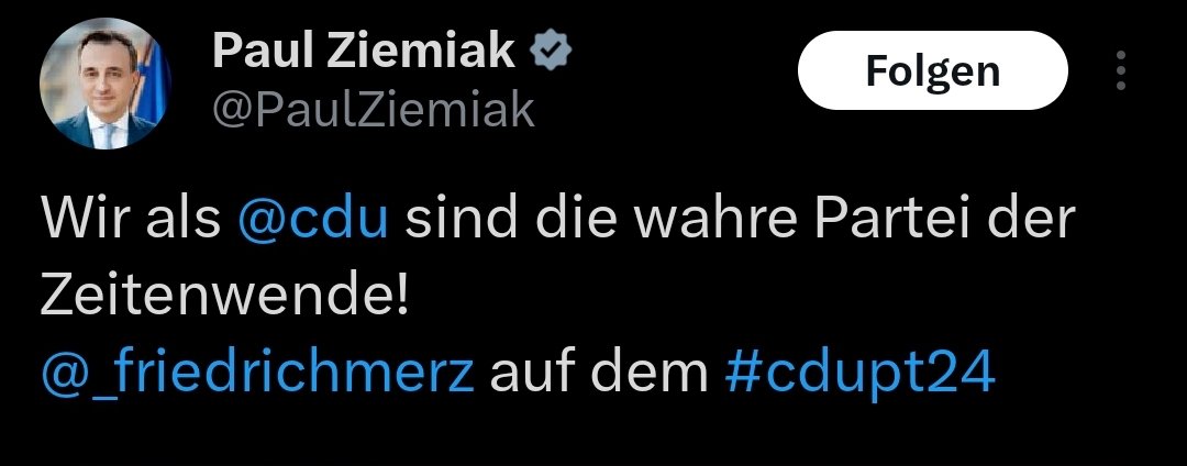 'Wahre Partei der Zeitenwende' 
🤣🤣🤣

Das bekommen diese Hirn-Akrobaten sicher von ihren Therapeut:innen eingebläut, dass sie sich die Dinge nur immer wieder ganz doll selbst vorlügen müssen... 😅🤦‍♂️

#cdupt24 #CDUBPT