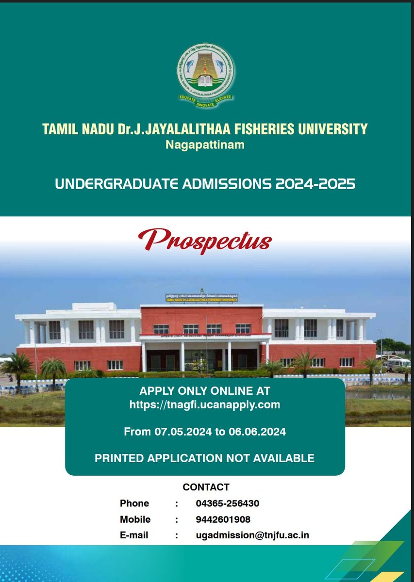 Tami Nadu Dr J Jayalalitha #Fisheries University, Nagapattinam -
Online application for UG courses offered at Tamil Nadu #Agricultural University website 
#TNAU #TNJFU