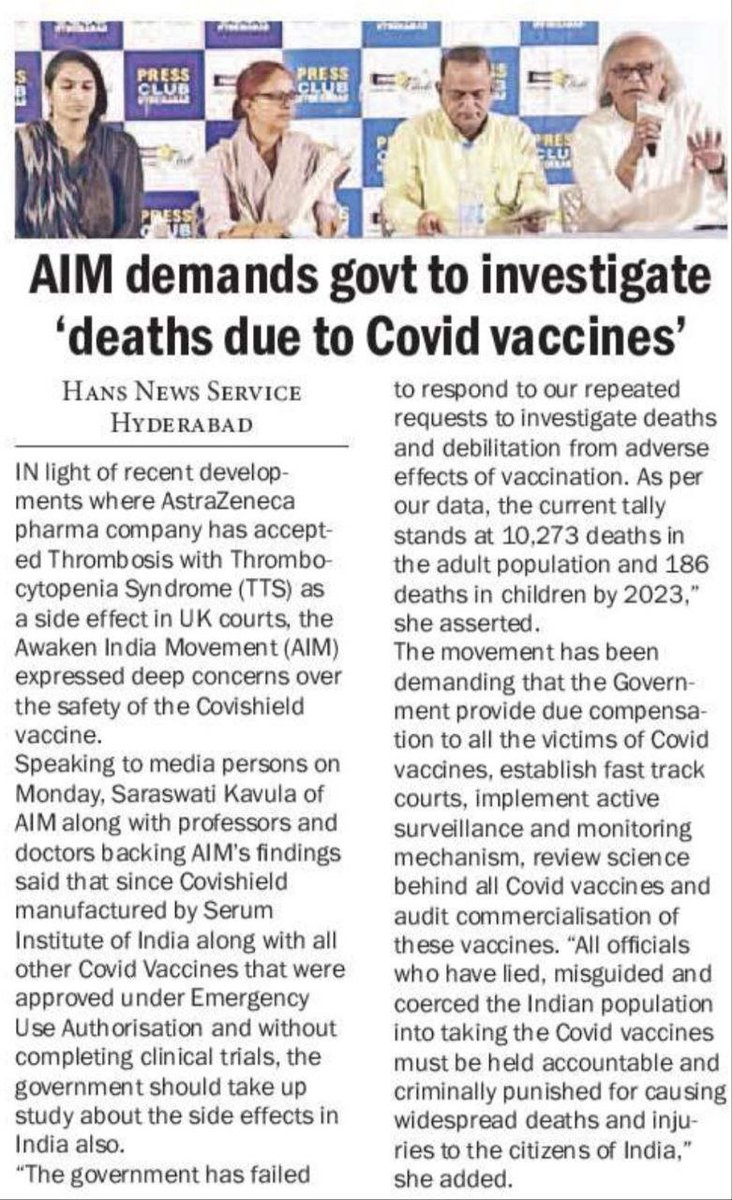 #Hyderabad 
Awaken India Movement demands govt to investigate deaths due to covid vaccines
thehansindia.com/news/cities/hy…

#Covishield #Covaxin #AstraZeneca #vaccineinjuries #vaccineinjuries 
@skavula09