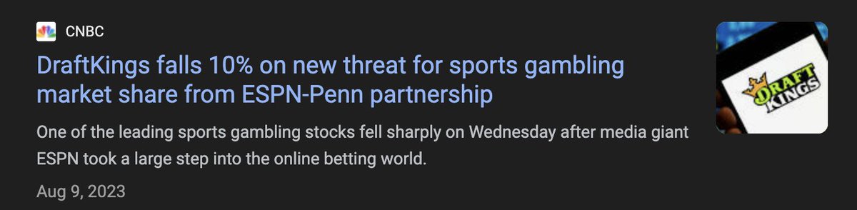 Everyone thought $PENN and ESPN would eat $DKNG & $FLUT lunch. The massive sell-off in $DKNG when the PENN/ESPN deal was announced was a great buying opportunity for investors. Turns out the superior products win and moats DO exist for the OSB leaders.