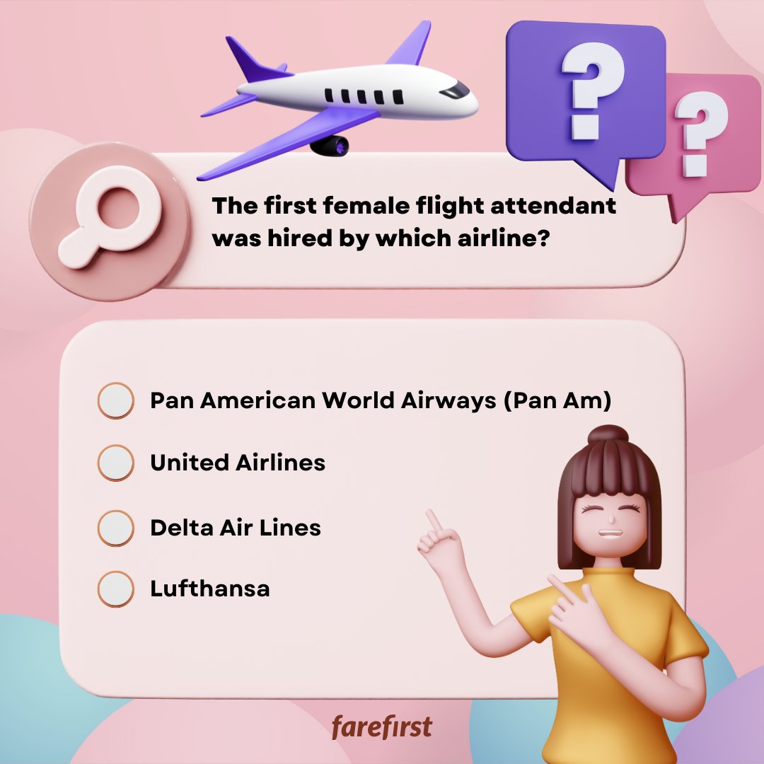 Quiz of the Day🤔🤔

The first female flight attendant was hired by which airline?

#FareFirst #cheapflights #travel #wanderlust #vacation #quizoftheday #knowledge #quizgame
