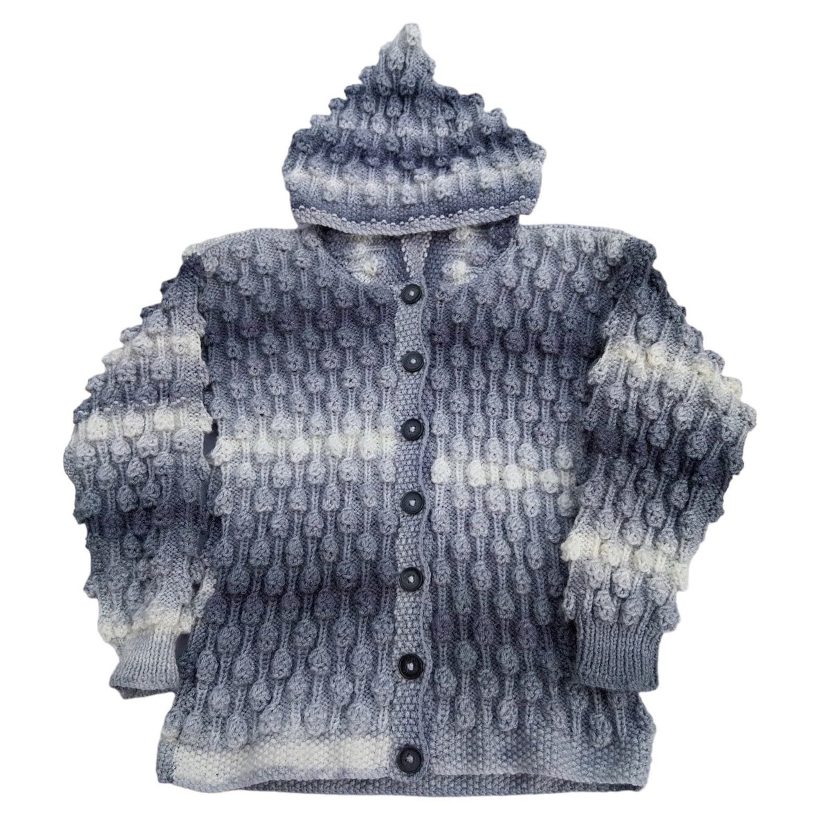 Stay warm in style with this unique, hand-knitted grey and white ombre children's hooded cardigan. Featuring a fun bobble pattern, this unisex jacket is ideal for kids aged 6-7 knittingtopia.etsy.com/listing/167959… #Etsy #knittingtopia #childrensknitwear #handknits #craftbizparty #MHHSBD