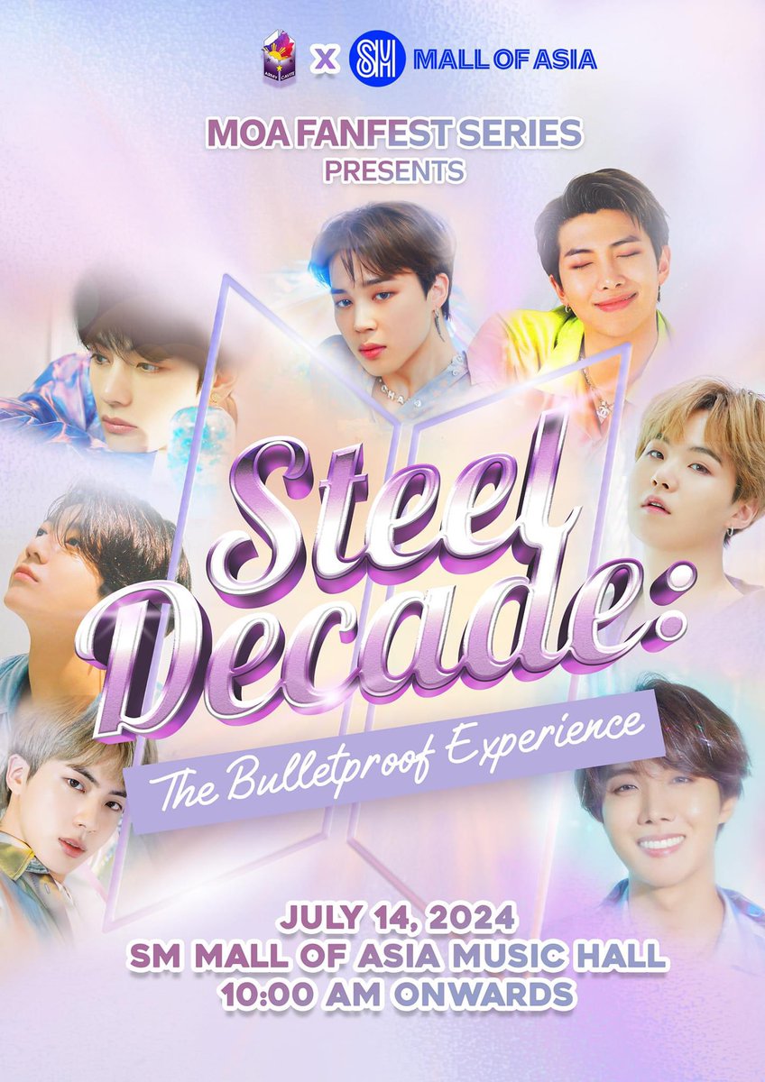 Get ready for an epic celebration of BTS ARMY Anniversary this coming July! 🎉

WHAT: Steel Decade: The Bulletproof Experience 🔩
WHERE: SM Mall of Asia Official (Music Hall)
WHEN: July 14, 2024 (Sunday)
