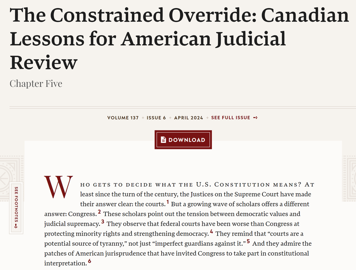 🇨🇦 🇺🇸 This is an excellent student note, just published in the Harvard Law Review. It is a comparative study of the (in)famous Notwithstanding Clause in Canada, inquiring whether and how it might be applied in the United States. Worth reading! Full text: harvardlawreview.org/print/vol-137/…