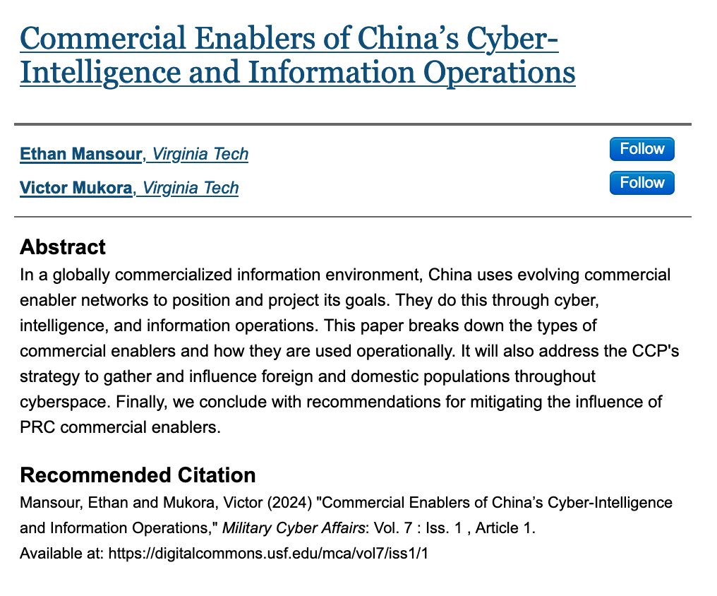 Commercial Enablers of China’s Cyber-Intelligence and Information Operations (2024) digitalcommons.usf.edu/mca/vol7/iss1/… Published in Military Cyber Affairs, Vol. 7, Issue 1. Direct link to paper (0.5MB .pdf, 12 pages) digitalcommons.usf.edu/cgi/viewconten…