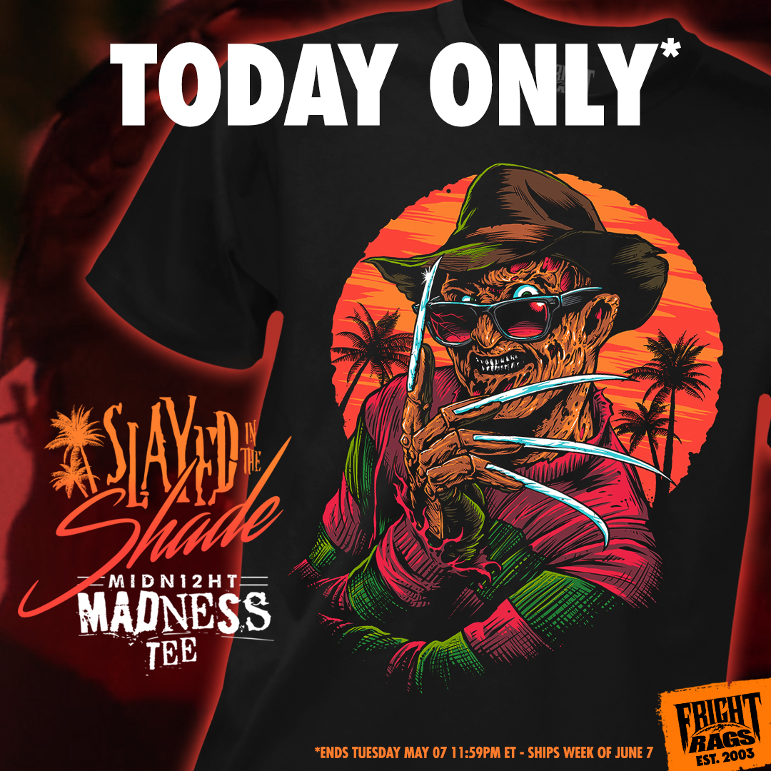 😴💀 Newest Midnight Madness tee is ready to order! Freddy's SLAYED IN THE SHADE tee by artist Kyle Crawford (@kyleisez) is now available to pre-order until 11:59pm ET tonight (5/7). Don't miss it! 👉 Shop: bit.ly/3wx5RpJ