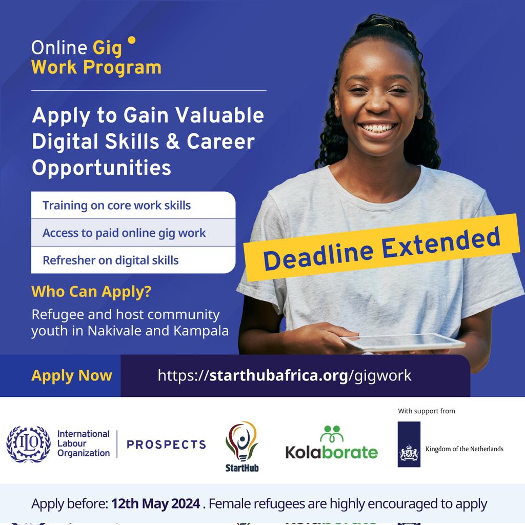 The Deadline for the Online Gig Work Program has been extended. Apply now to gain valuable digital skills and career opportunities. Female refugees are highly encouraged to apply. Click here starthubafrica.org/gigwork to submit your application.