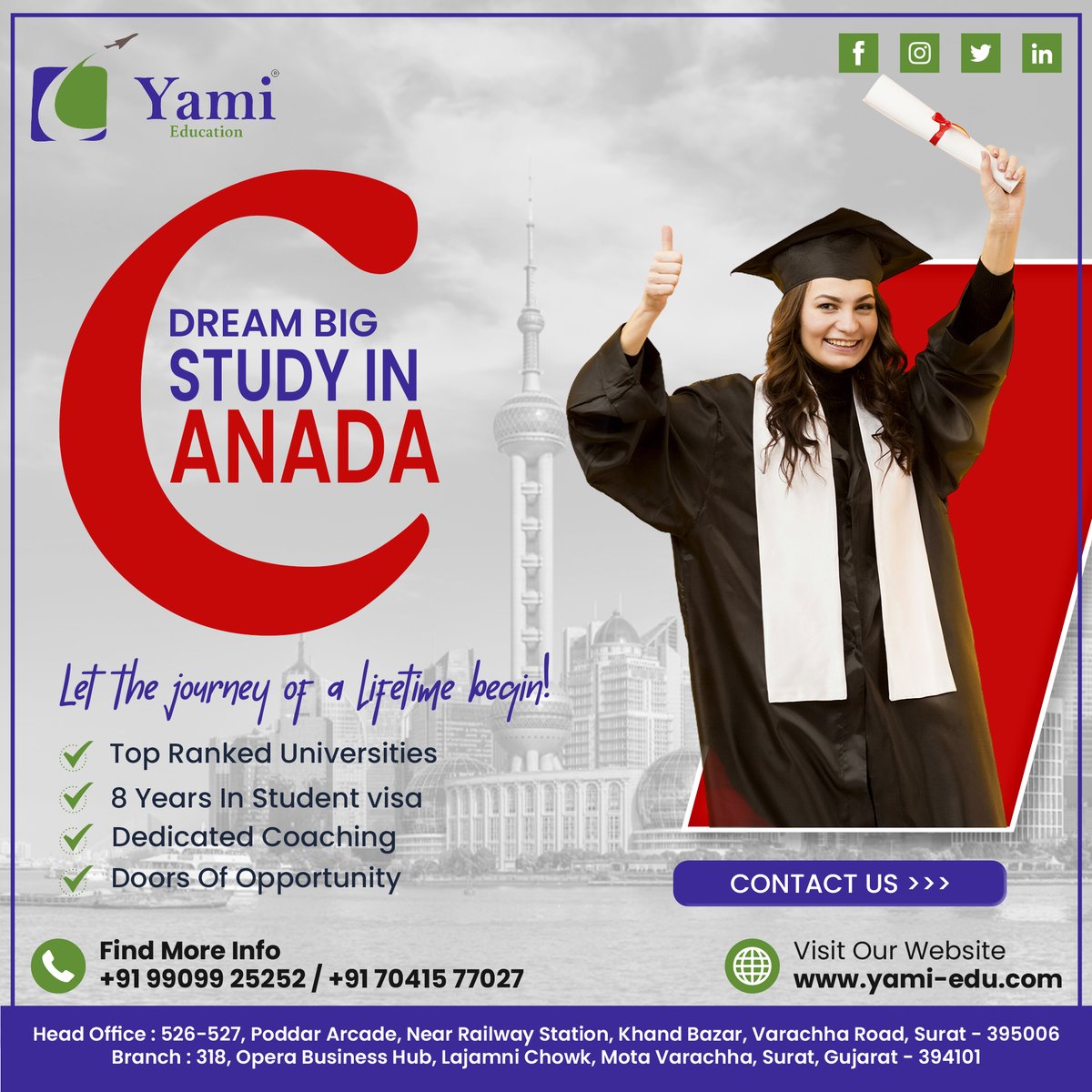 📢 Dream Big Study in Canada
➡️ Let The Journey of a Lifetime Begin!
☎️ Call us +91 99099 25252 / +91 70415 77027
🌐 Visit Our Website yami-edu.com
#yami #yamiimmigration #studyincanada #canadaeducation #canadianuniversities  #educationincanada #canadianstudentvisa