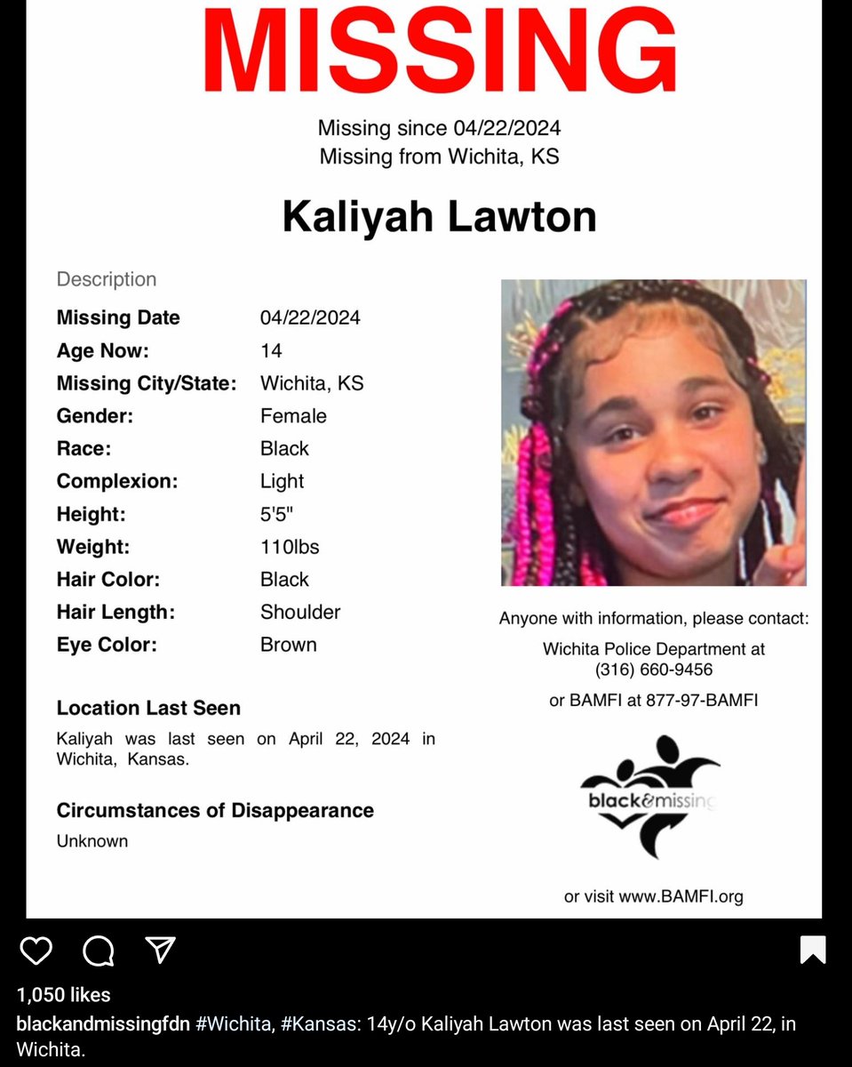 #KaliyahLawton #Missing since 4/22/24 from #Wichita, #Kansas. She is 14 years old, 5'5, 110lbs, shoulder length black hair and brown eyes with light complexion.

If any info, contact Wichita PD at 316-660-9456 or 877-97-BAMFI

#AmberAlert #MissingChild