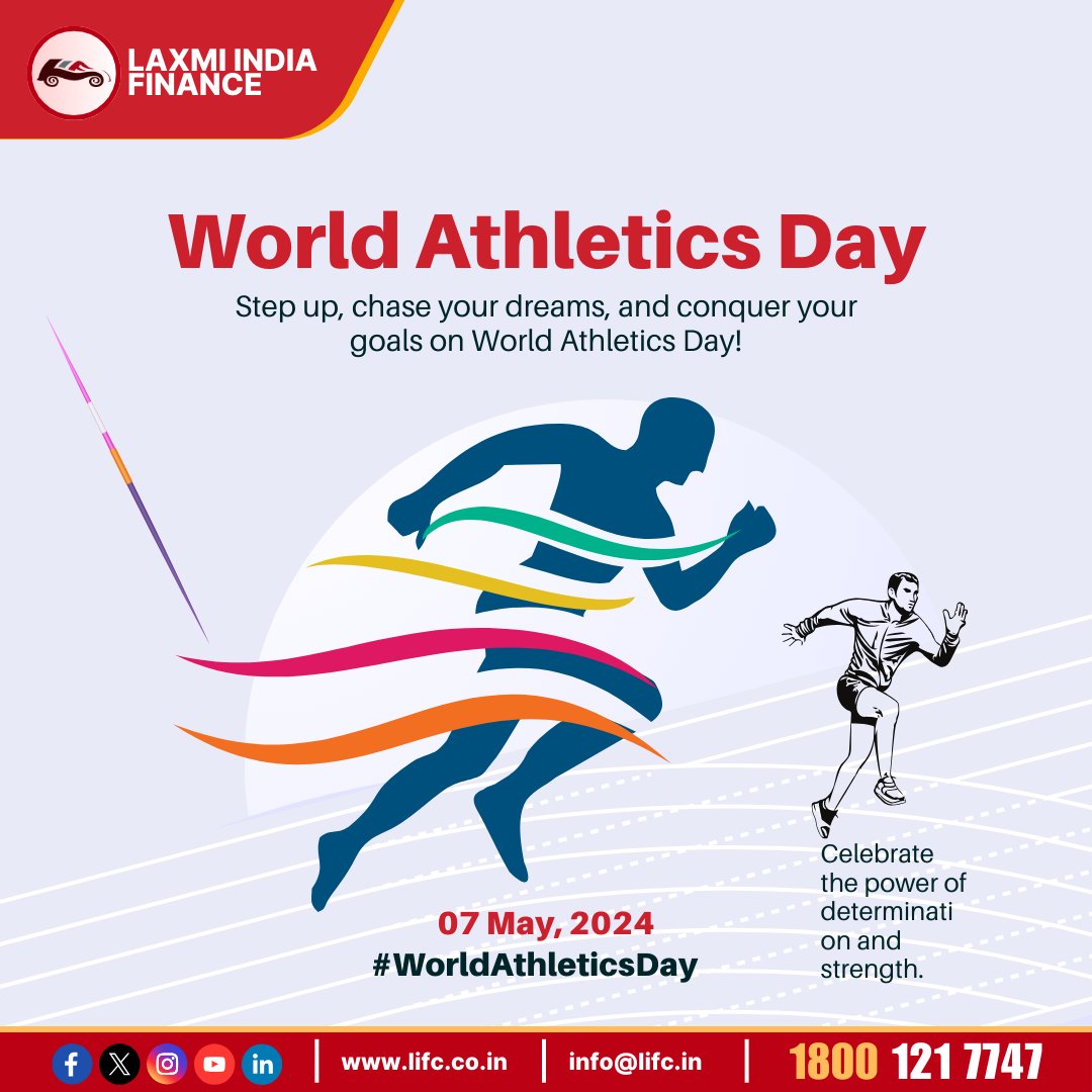 World Athletics Day🏃‍♀️🥇
Step up, chase your dreams, and conquer your goals on World Athletics Day!
#WorldAthleticsDay #FitnessGoals #ActiveLiving #LaxmiIndiaFinance #NBFC #LoanForMSME #LoanAgainstProperty #CommercialVehicleLoan #PersonalLoan #BusinessLoan #JaipurFinance