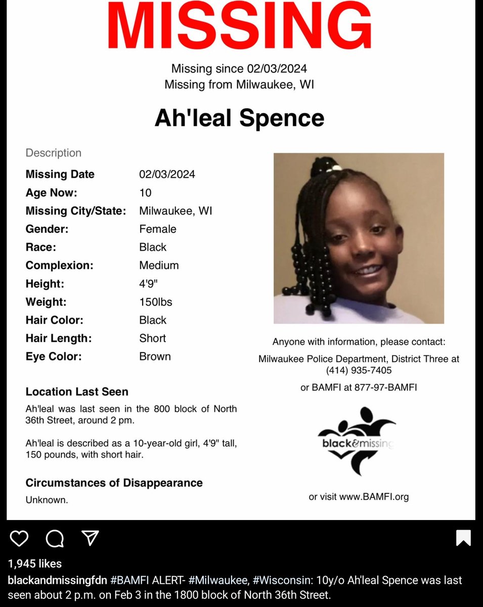 #AhlealSpence #Missing since 2/3/24. From #Milwakee #WI. She is 10 years old, 4'9, 150lbs with short black hair and brown eyes.  

Anyone with info please contact Milwakee PD, District 3 at: 414-935-7405

Or Bamfi at 877-97-BAMFI

#AMBERALERT #MISSINGCHILD