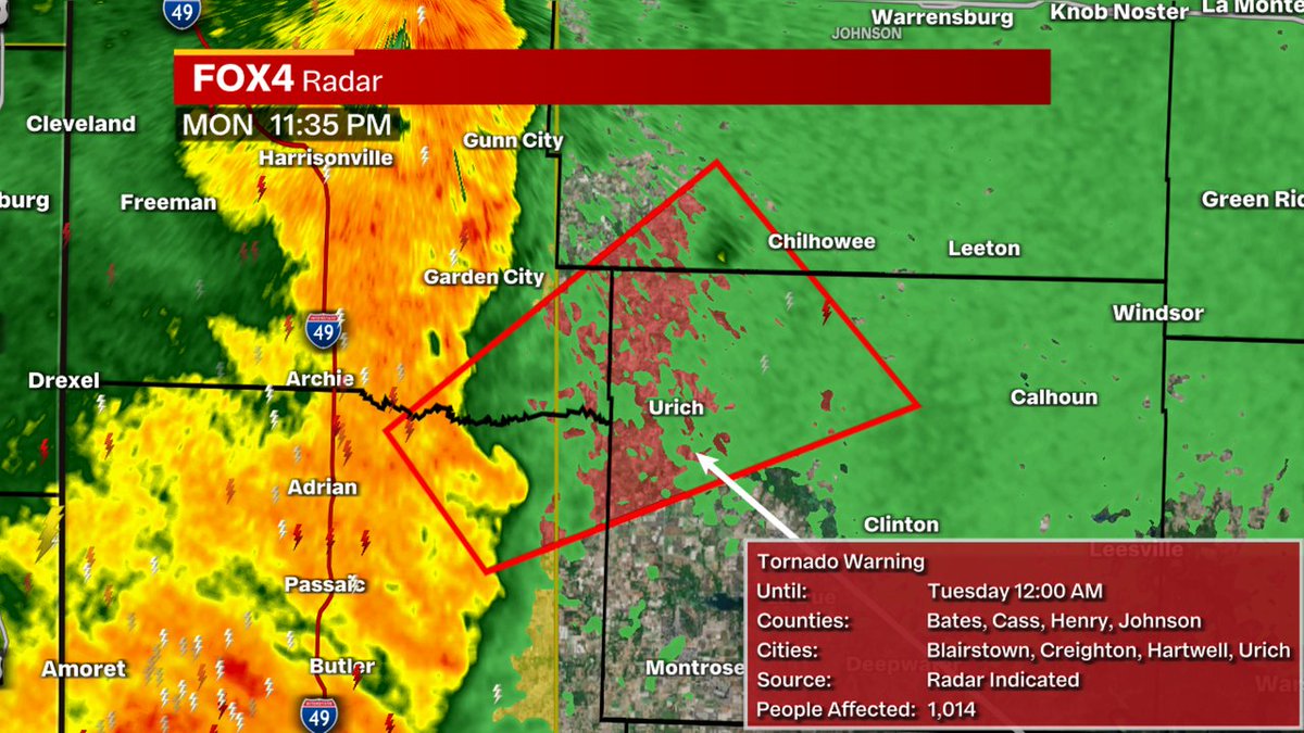 New Tornado Warning for Henry, Cass, Bates, Johnson counties until 5/07 12:00AM. Seek shelter now & tune into live coverage on FOX 4 Kansas City! #fox4kc
