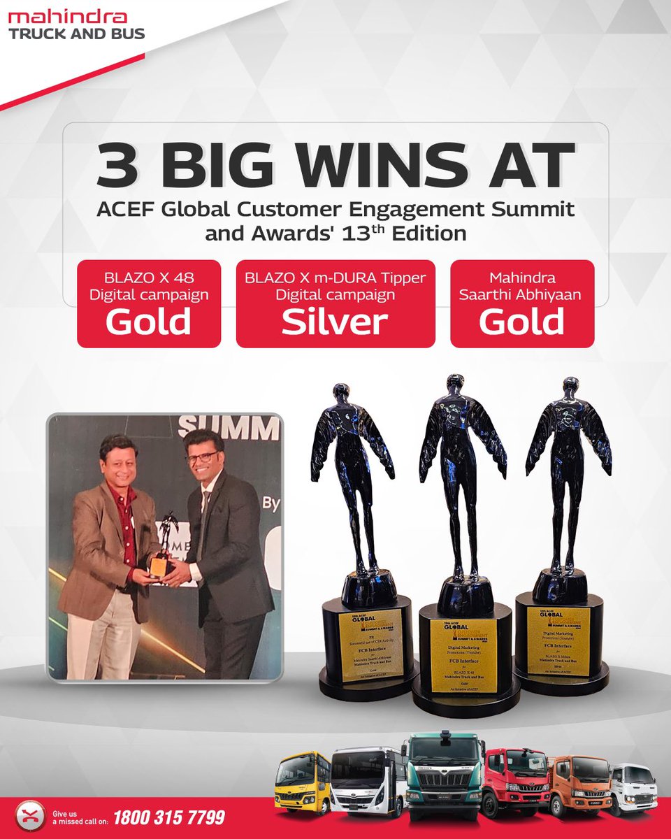 We're delighted to share that Mahindra Truck And Bus has won not one, not two but three awards at the ACEF Global Customer Engagement Summit & Awards. 

#Mahindra #MahindraTruckAndBus #ACEFGlobalCustomerEngagementSummitAwards #BLAZOXmDURA #BLAZOX48 #MahindraSaarthiAbhiyaan