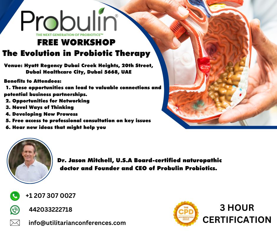 It gives us great pleasure to invite you to on May 21, 2024, at Grand Hyatt Dubai Riyadh Street, UAE. encourage original thought, and enable you to reach your full creative potential.
Title: The Evolution in Probiotic Therapy

#HealthyGutJourney #NutritionMatters  #HealthyLiving
